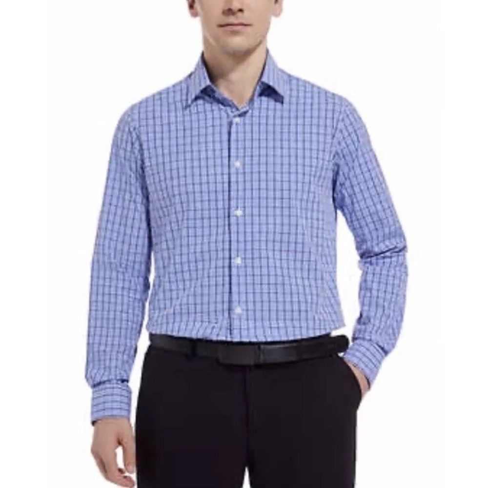 DUCHAMP LONDON Men's 16.5/L 41 Plaid Check Tailored Fit Button up Blue Shirt